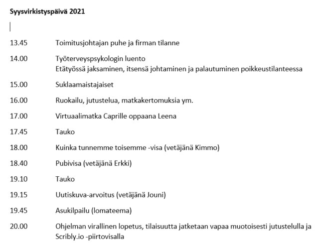 Virkistyspäivän ohjelma