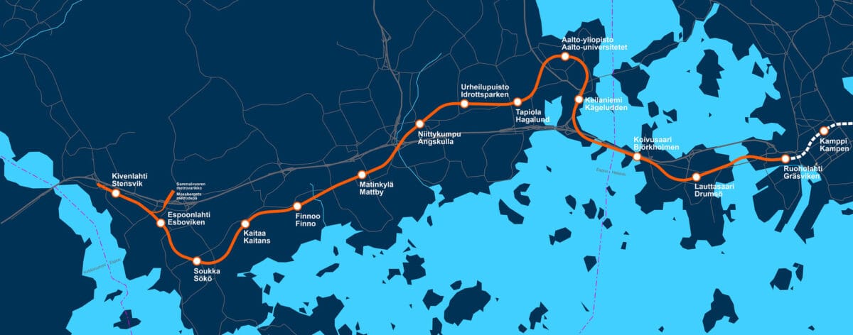 Länsimetron reittikartta